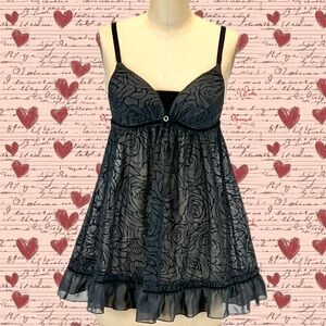Black floral babydoll nighty ruffle velvet trim rhinestone negligee lingerie M